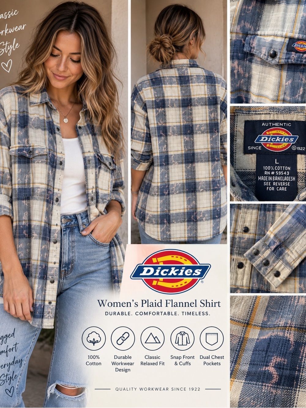 Dickies Women's Blue & Cream Plaid Flannel Shirt Jacket